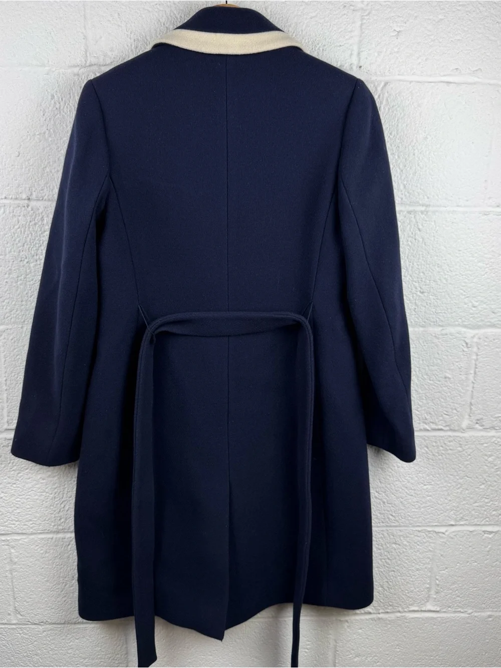 J. Crew Italian Wool Navy & Ivory Contrast Trim Belted Coat Size 4 - Picture 9 of 10
